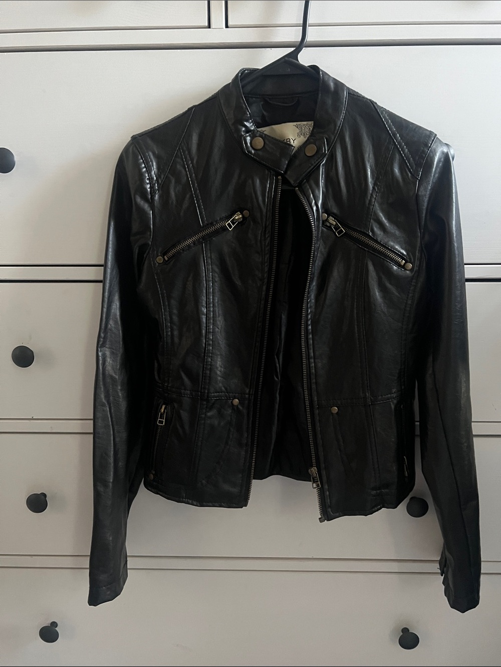 Poetry Black Leather Moto Jacket with Zip Details